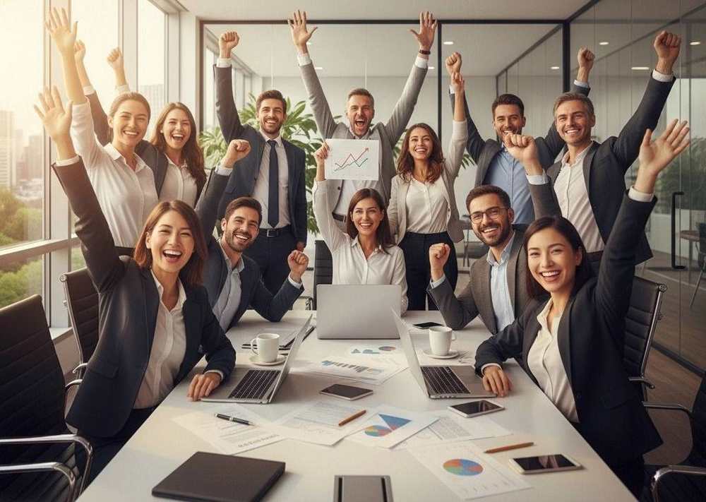 Team celebrating success in an office